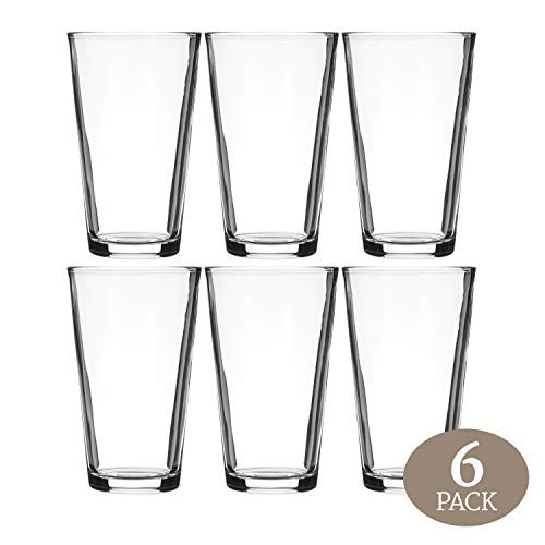 Modvera Drinkware Beer Pint Glass 16 Ounce - Versatile Cocktail Shaker Glass - Perfect for the Pub Home Bar or Everyday Use - Ultra Clear Strong Rim Tempered Mixing Glass - Pack of  6